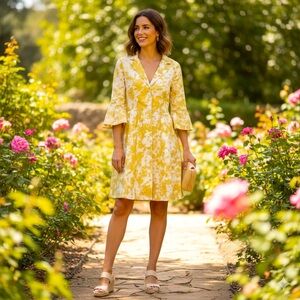 Rubber Ducky Retro Linen Button Front Belted Dress Bell Sleeves Size 6